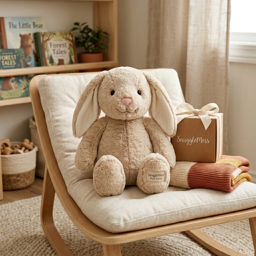 Plush_bunny_on_nursery_chair_202605240817 SnuggleMoss Plush Bunny - Image 1